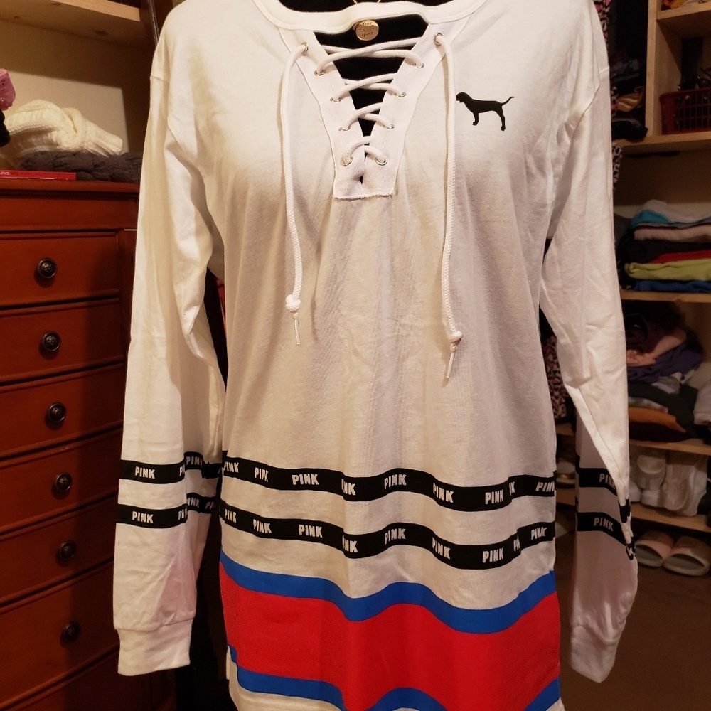 VS PINK Lace-Up Striped Long Sleeve Tee